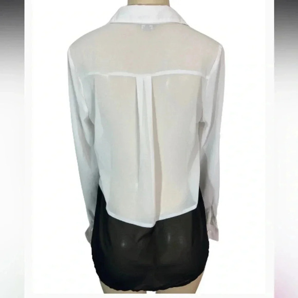 SANS SOUCI BKACK ABD WHITE SHEER BLOUSE BUTTON UP LONG SLEEVE SIZE SMALL - Picture 2 of 8